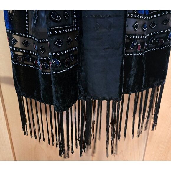 Velvet & Sheer Patchwork Paisley Design Shawl With Fringe - Black Red & Blue - Picture 4 of 8